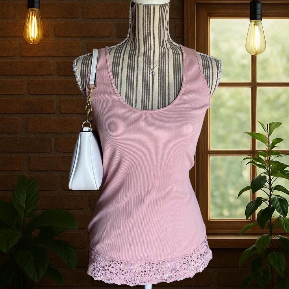 Pink lace top with glitter sequence detailing